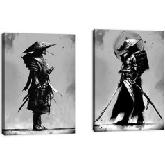 ZHONGYUTONG Black White Japan Samurai Portrait Canvas Pictures with Frame, 2-Piece Japanese Art Print, Sienas apdare, Plakāts dzīvojamā istaba (30 x 45 cm x 2 gab.)