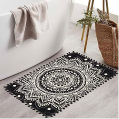 Boho mazie vannas istabas paklājiņi, Mandala mīksts paklājs ar Pom Pom bārkstīm, neslīdošs pūkains paklājs priekšnamam, vannai, izlietnei, guļamistabai (melns, 60 x 90 cm)