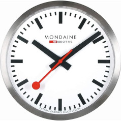 Mondaine - Sienas pulkstenis A995.Clock.16SBB 40cm - Sudraba matēta alumīnija stacijas pulkstenis ar sarkanu sekundometra rādītāju - Ražots Šveicē