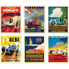 WallBUddy komplekts no 6 auto sacīkšu Grand Prix plakāti F1 plakāts Formula 1 plakāts Auto sacīkšu plakāts Drukāt autosacīkšu plakāts 1930, 1936, 1937, 1952, 1966, 1970 (30 cm x 40 cm)