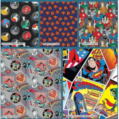 Supermenas DC Comics Fat Quarters Bundle Teisingumo lyga Betmenas Supermenas Žaliasis žibintas Blyksnis Akvamenas Stebuklinga moteris Kiborgas 100 % medvilnės amatų audinio medžiaga 5 vnt. (45 x 55 cm)