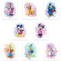 Mickey Mouse akvareļu apdrukas - 8 (8 x 10 collas) Mickey Mouse sienas mākslas dekori - Minnie Mouse istabas dekori - Donald Ducks Daisy Duck Goofy Pluto Decor plakāts