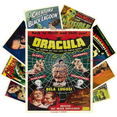 Vintage šausmu monstru filmu plakāti Classic Scary Wall Art Prints Mājas kinozāles komplekts cilvēka ala Dzīvojamā istaba Guļamistaba 8x10 collas bez rāmja 9 gab.