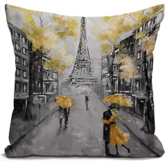 Tomda Square Cushion Cover 45 x 45 cm Oil Painting Parīze Eiropas pilsētas ainava Francija Eifeļa tornis Melns Balts Balts Dzeltens Slēptas rāvējslēdzēja drukas uz spilvena pārvalka