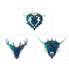 Wee Blue Coo 3 tintes šļakatu komplekts Thistle Heart Flower Hairy Coo Cow and Stag Celestial Space Scottish Painting Unframed Wall Art Living Room Prints Set