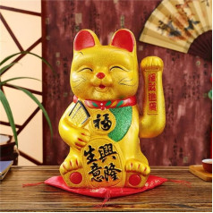 Pilipane Lucky Cat Waving zelta keramikas kaķis 9 collu ķīniešu Lucky Smiley Feng Shui statuja ar sarkanu auduma spilventiņu mājas biroja uzņemšanas dekorēšanai un automašīnai