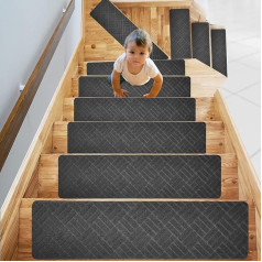 Self-Adhesive Stair Mats 76 x 20 cm Stair Treads Mats, Pack of 15 Non-Slip Stair Rug for Wooden Steps Indoor, Stair Carpet Stair Steps for Children Elderly Pets, Grey (02)