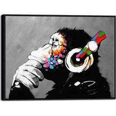 Wieco Art Liels melns ierāmēts pērtiķis ar austiņām Banksy grafiti māksla Abstraktā audekls glezna mājas dekoram Audekls sienu māksla dzīvojamās istabas dekorēšanai Sienas dekori un biroja dekorēšanai