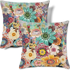 HMS Happy Memories Velvet Throw Pillow Cover Bohemian Flower Boho Square Decorative Cushion Cover 18x18 Inch Set of 2 for Couch Sofa Bed Living Room Bedroom (Color 1)