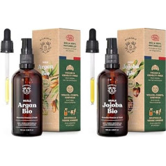 Bionoble Jojoba Oil Organic 100 ml & Argan Oil Organic 100 ml - 100% tīra, dabīga un aukstā spieduma - sejai, ķermenim, matiem, bārdai, ādai, nagiem - vegāniska un nekaitīga - argana eļļa - stikla pudele + pipete + pipete