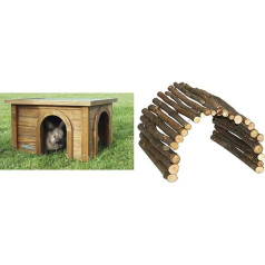 Kerbl 82852 Rodent House for Rabbits (House Made of Spit Fir with Weatherproof Bitumen Roof, Two Entrances for Species-Appropriate Husbandry, Suitable for Outdoor Enclosures) 82852 & Wooden Bridge,