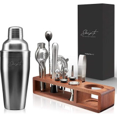 Skui'zi:to Selected Goods Cocktail Set (Set of 15) - kokteiļu šeikeri un bāra piederumi no nerūsējošā tērauda - sarkankoka koka statīvs ar pretslīdošiem spilventiņiem - bezmaksas recepšu grāmata - 100% droša pārtikai