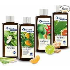 Spitzner Pirts uzlējuma komplekts Frischekick (4 x 190 ml) - Wellness Sauna, dabīga pirts eļļa ar aromātisku pirts aromātu Citronzāles, mandarīna, ingvera laima, salvijas greipfrūta aromāts.