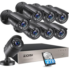 ZOSI 1080P Full HD vadu videonovērošanas kameru komplekts ar 2TB cieto disku, 8CH H.265+ DVR, 8X 2MP ārējā kamera ar BNC kabeli, kustības noteikšana