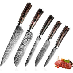 ZENG Santoku 5 gabalu virtuves nažu komplekts, gaļas nazis, profesionāls damaskas nazis, dārzeņu nazis, nažs, ass vācu nerūsējošā tērauda virtuves nazis ar ergonomiskiem Pakkawood rokturiem