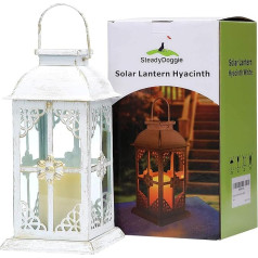 Aprūpes āra LED laterna, hiacintes, balts dekors, antīka metāla un stikla konstrukcija, Mission Solar Lantern, iekštelpu un āra saules laterna āra telpām, pilnībā aprīkota ar saules baterijām darbināma laterna