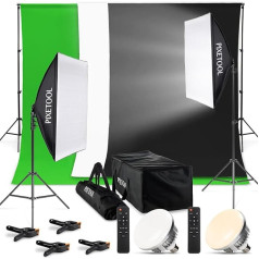 PIXETOOL fotostudijas komplekts - zaļais ekrāns (2,8 m x 1,8 m) ar statīvu (2 m x 2 m) - softboksa ar lampu komplekts - 3 x foto fons - atstarotājs - spēļu straumēšanas foto aksesuāri - studijas gaisma