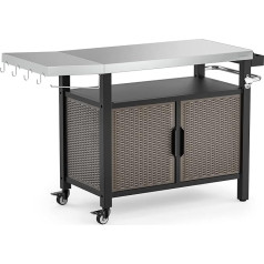 Onlyfire Grill Table, Grill Trolley with Large Work Surface, Serving Trolley with Wheels, Grill Side Table with Folding Side Shelves, Stainless Steel Table Top, BBQ Side Trolley, 143.5 x 56 x 91 cm