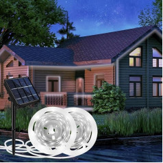 Aitesuo Saules LED lente 10 m, 2 x 5 m Cool White 6000 K 6000 K saules bateriju LED lente ārtelpai, 360 LED, 8 režīmi, sagriežama, IP65 ūdensizturīga, pašlīmējoša LED lente dārzam, terasei, balkonam, kāpnēm