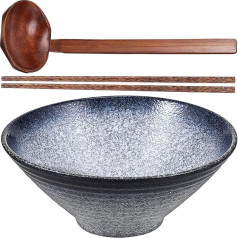 Kichvoe Keramisko Ramen bļodu komplekts Porcelāna nūdeļu bļoda ar nūdelēm un karoti 23 cm Lielas nūdeļu bļodas Pho bļoda Zupas bļoda