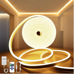 AIMENGTE Neona LED lente, 12 V dimmable neona LED lente ar 11 pogām tālvadības pults, ūdensizturīga silikona elastīga neona LED gaismas lente mājas virtuves dekorēšanai (5 m, silti balta)