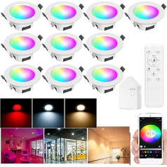 SUBOSI 10 x WiFi Bluetooth 5 W inteliģentās LED padziļinājumā iebūvētās gaismas RGBIC + silti balts/auksti balts/balts 5 in 1 padziļinājumā iebūvēts prožektors, aptumšojamas 230 V padziļinājumā iebūvētās gaismas ar tālvadības pulti,