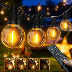 Ollny 30 m Pasaku Lights āra apgaismojums Power 50 + 2 G40 spuldzes Dimmable LED Fairy Lights āra apgaismojums ar tālvadības pulti Laikapstākļu izturīgs dārza apgaismojums terases pusei Balkons (silti balta)