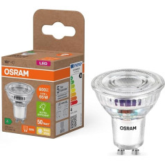 OSRAM Energy Class PAR16 LED atstarotājlampa 3,3 W 600 lm silti balta (2700K) caurspīdīga bezsvina stikla ar GU10 pamatni A energoefektivitātes klase 50 mm diametrs IP20.6 gab. komplektā