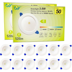 GY LED iegremdējamais starmešu apgaismojums, 230 V, plakans, 3,8 W, 520 lm, vēsā baltā krāsā, iegremdējamie griestu starmeši, 6500 K, iegremdējamie starmeši virtuvei, viesistabai, 12 gab. komplekts