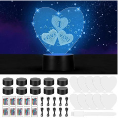 Konesky 10 caurspīdīgu 3D LED akrila plāksnīšu komplekts sirds formā un 10 gabali 3D nakts LED akrila gaismas pamatnes ar tālvadības pulti un USB kabeli DIY akrila LED nakts lampu komplekti 7 krāsās bāra telpai