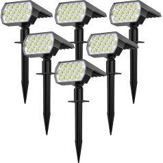 6 LED saules gaismas āra dārza 52 LED gaismas diodes, jaudīgas 3 režīmi IP65 ūdensizturīgs LED prožektors āra saules baterijām pagalmam, piebraucamajam ceļam, kokiem (vēsā baltā krāsā)