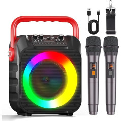 Wowstar karaoke mašīna ar 2 bezvadu mikrofoniem, pārnēsājams Bluetooth skaļruņu skaļrunis pieaugušajiem / bērniem ar gaismas efektiem, atbalsta TF/USB, FM, Rec, AUX in, TWS ballītei, dzimšanas dienai (sarkans)