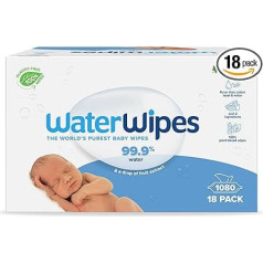 WaterWipes plastmasas nesaturošas oriģinālās bērnu salvetes, 1 080 salvetes (18 iepakojumi), 99,9 % ūdens bāzes tīrīšanas salvetes, bez aromāta jutīgai ādai