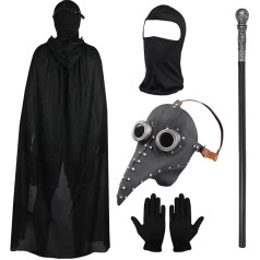 Halovīna Cosplay kostīmu komplekts, mēra ārsta maska, gara deguna knābja maska ar melniem cimdiem, mēteli ar kapuci, pilnu sejas masku, stick Masquerade Party Costume Props