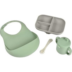 BÉABA, Silicone Meal Set, Baby Meal Set, Silicone Tableware, Silicone Baby Bibs, Silicone Spoon, Silicone Baby Cup, Divided Plate, Sage Green/Velvet Grey