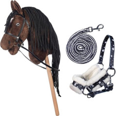 HKM Kids Hobby Horse Brown ar iejūgu un pavadas virvi zilā krāsā ar zvaigžņu rakstu, zirgu rotaļlieta