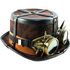 TrendandStylez Steampunk cepure viena izmēra brūna ar brillēm un ādas siksniņu karnevālam, izdomātiem tērpiem un tematiskām ballītēm