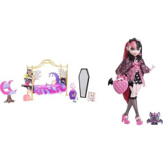 MONSTER HIGH Clawdeen Wolf - Guļamistabas rotaļu komplekts ar aksesuāriem un lelli Drakulauru - vampīrisma mode, apmetnis, aksesuāri, mājdzīvnieks sikspārnis, bērniem no 6 gadiem, HHK51