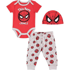 Marvel Spider-Man Baby Boys Clothing 3-Piece Set with Baby Bodysuit, Pants, and Hat - Baby Boy Outfits (Red/Grey, 3-6M), red/grey