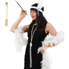 ILOVEFANCYDRESS Sieviešu kostīms Flapper 20. gadu stilā Fransen kleita Kaklarota Balta galvas lenta Balta spalvu Boa Cigāru gals Charleston Gangster MOLL