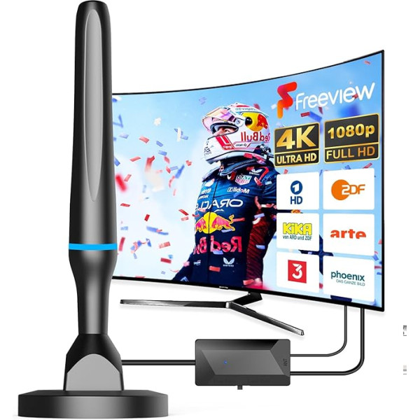 DVBT2 antena, iekštelpu antena DVB-T un DVB-T2 antenas ar pastiprinātāju, liels darbības rādiuss un 360° uztveršana, iekštelpu antena televizoriem ar spēcīgu magnētisko pamatni, piemērota 4K 1080p un visiem televizoriem