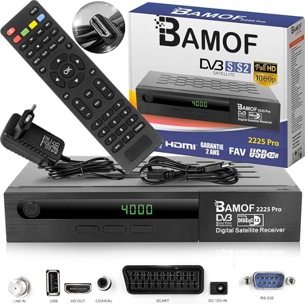 Bamof 2225 PRO digitālais satelīta uztvērējs (HDTV, DVB-S /DVB-S2, HDMI, SCART, 2x USB, Full HD 1080p) [iepriekš ieprogrammēts Astra, Hotbird un Türksat] + HDMI kabelis