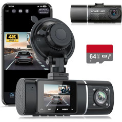 abask Dashcam Car, 4K WiFi Dashcam Front Indoor, App Control, Auto kamera 310 grādu ar 64GB karti, iebūvēts displejs 1,5 collu Dashcam ar autostāvvietas uzraudzību, nakts redzamību, G-sensoru, Loop Recording