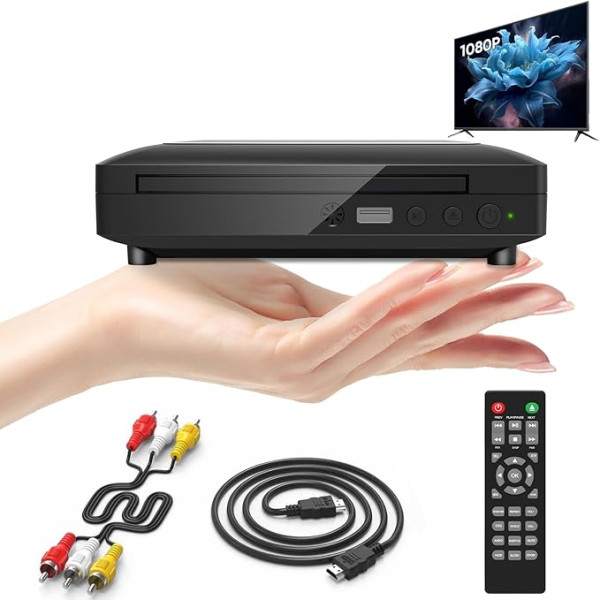 Mini DVD atskaņotājs portatīvais, DVD atskaņotājs televizoram DVD atskaņotājs HDMI ar HDMI/RCA kabeli komplektā, HD 1080P DVD atskaņotājs CD atskaņotājs televizoram, visi reģioni, breakpoint atmiņa, iebūvēts Pal/NTSC, USB 2.0