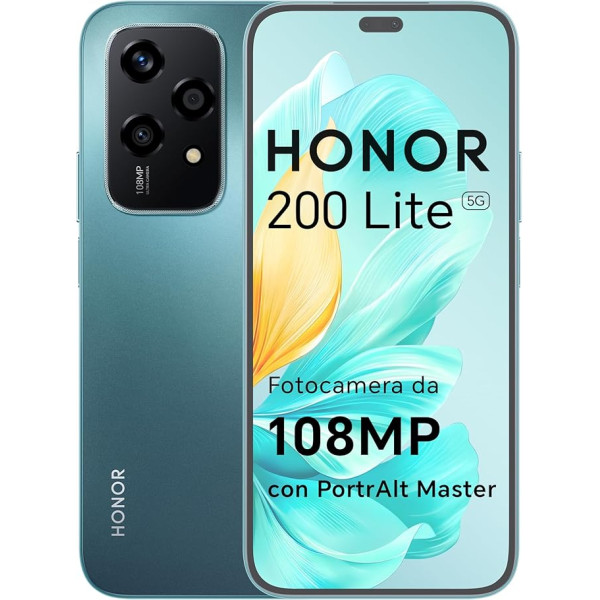 HONOR 200 Lite viedtālrunis 5G Dual SIM NFC, 8GB RAM 256GB atmiņa 6,7 collu AMOLED Eye-Care displejs Tālrunis Android 14, 108MP + 50MP, Magic Capsule, 4500 mAh, Cyan Lake