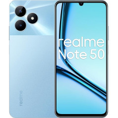 realme Note 50 viedtālrunis 3+64GB, 90Hz spilgts displejs, 48 mēnešu fluorescences aizsardzība, 13MP AI kamera, 7,99 mm īpaši plāns, 5000 mAh ietilpīgs akumulators, debeszils (bez adaptera)