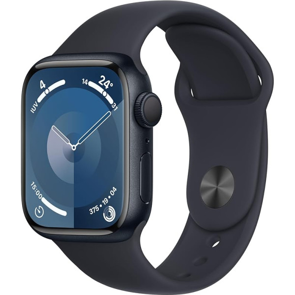 Apple Watch Series 9 (GPS, 41 mm) - Alumīnija korpuss Midnight ar sporta siksniņu Midnight, S/M (Atjaunots)