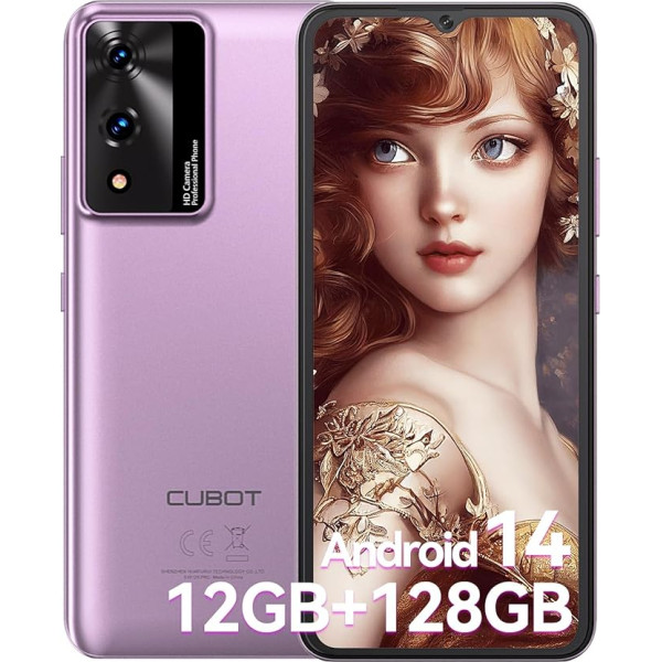 CUBOT A10 viedtālrunis bez līguma 12GB (4+8) RAM + 128GB ROM/TF 1TB Paplašināt Android 14 Mobilais tālrunis 6,56 collu ekrāns 48MP kamera 5100mAh 4G Dual SIM Face ID Violeta krāsa