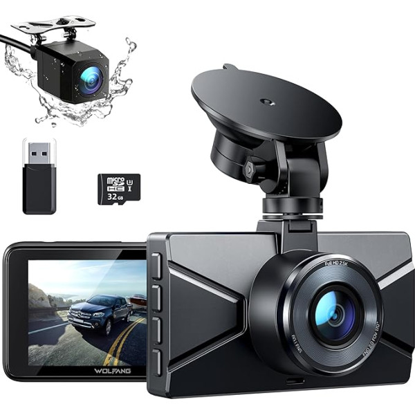 WOLFANG Dash Cam Automašīnas priekšējā aizmugurējā 2.5K+1080P automašīnas kamera, Ultra nakts redzamība, 170° platleņķis, WDR 24 stundu autostāvvietas režīms, G-sensors, cilpas ierakstīšana, iekštelpās ar 32 GB SD karti