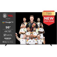 TCL 98T8B 98 collu QLED Pro 144 Hz Onkyo spēļu televizors, 4K UHD, HDR Pro, Google TV (Dolby Vision IQ un Atmos, kustību skaidrība, brīvroku balss vadība, saderīgs ar Google Assistant un Alexa)